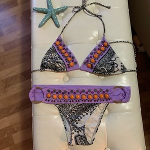 Victoria's Secret Purple Black White Paisley Bikini Beaded Gems Gypsy Boho Chic